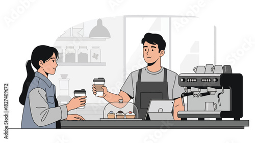 Girl getting takeaway coffee using a reusable eco cup at a café. Ideal for zero waste living concepts, modern eco lifestyle, and sustainability content