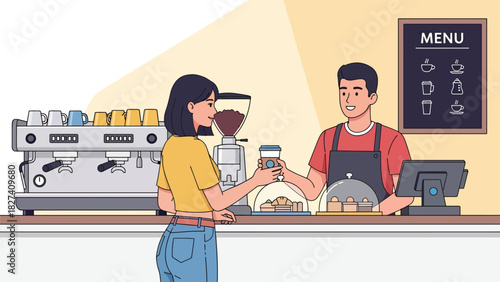 Girl getting takeaway coffee using a reusable eco cup at a café. Ideal for zero waste living concepts, modern eco lifestyle, and sustainability content