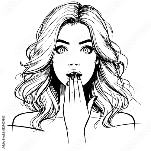 A woman with long blonde hair is shocked and her mouth is open. She is wearing a black shirt and black pants