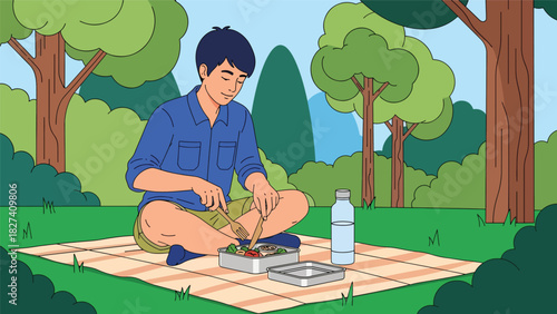 Man enjoying an outdoor picnic using a reusable metal straw and lunchbox. Ideal for sustainable dining visuals, zero waste habits, and eco picnic lifestyle themes