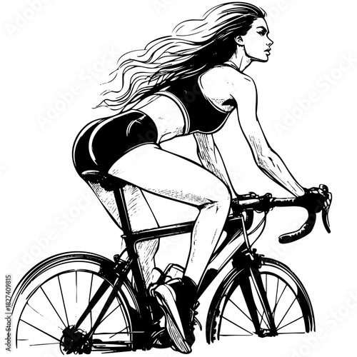 A woman is riding a bicycle. She is wearing a black tank top and shorts. The bicycle is black and has a white wheel