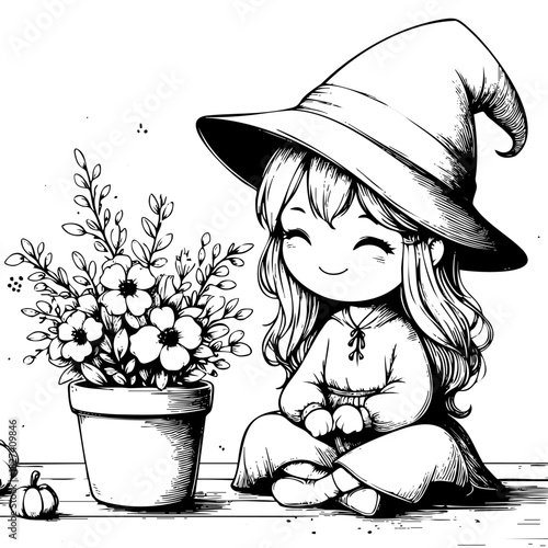 A young girl is sitting in a flower pot with a witch hat on. She is smiling and she is happy