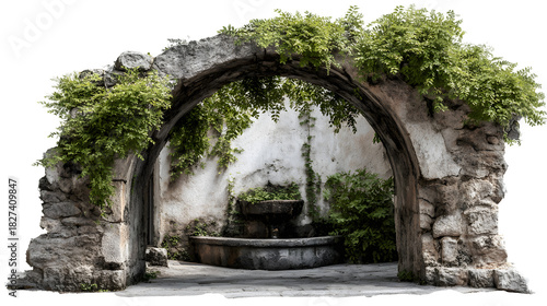 A stone archway leading to a secluded village courtyard, with a glimpse of a small fountain within, isolated on a Transparent background