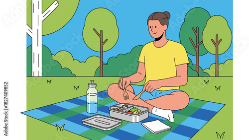 Man enjoying an outdoor picnic using a reusable metal straw and lunchbox. Ideal for sustainable dining visuals, zero waste habits, and eco picnic lifestyle themes