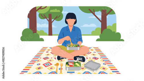 Man enjoying an outdoor picnic using a reusable metal straw and lunchbox. Ideal for sustainable dining visuals, zero waste habits, and eco picnic lifestyle themes