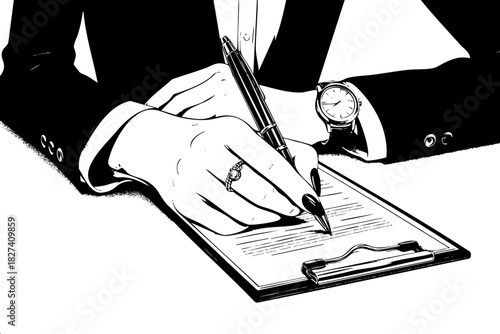 A woman is writing on a piece of paper with a pen. She is wearing a watch and a ring on her finger. Concept of professionalism and focus, as the woman is likely writing something important or formal