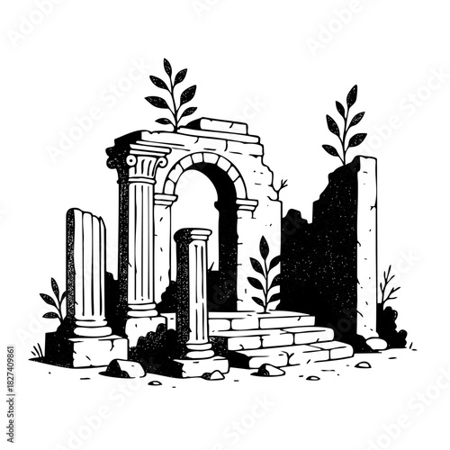A black and white drawing of a ruined building with a doorway and a plant growing out of the doorway