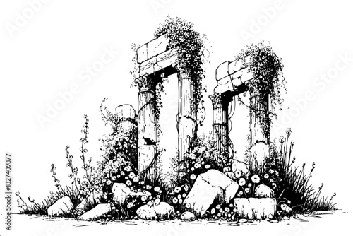The image is a black and white drawing of a rocky hillside with two stone pillars. The pillars are covered in moss and weeds, giving the scene a sense of decay and abandonment