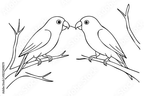Two birds are sitting on a branch. One bird is looking at the other