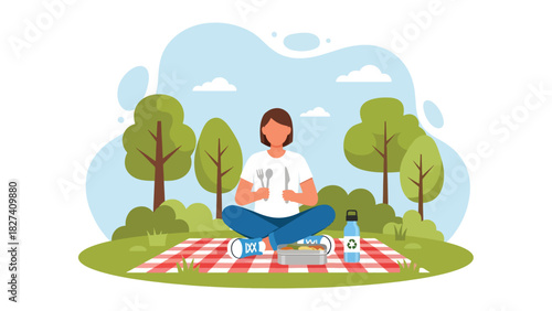 Man enjoying an outdoor picnic using a reusable metal straw and lunchbox. Ideal for sustainable dining visuals, zero waste habits, and eco picnic lifestyle themes