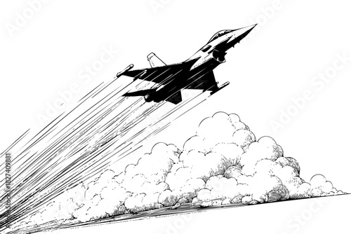A jet is flying through a cloud. The jet is black and white