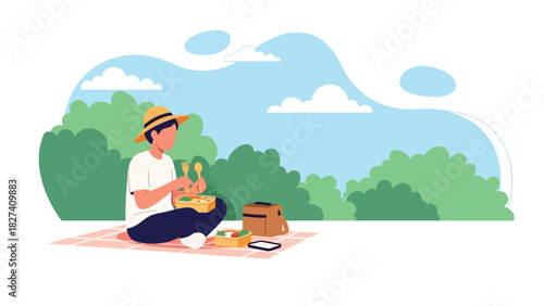 Man enjoying an outdoor picnic using a reusable metal straw and lunchbox. Ideal for sustainable dining visuals, zero waste habits, and eco picnic lifestyle themes