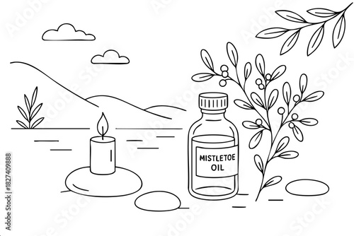 A bottle of mistletoe oil is on a table next to a candle. The candle is lit and the bottle is open. The scene is set in a field with a mountain in the background