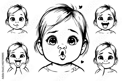 A series of drawings of a baby with different expressions. The baby is smiling, making a funny face, and looking sad