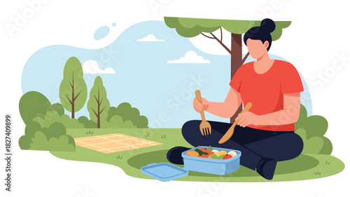 Man enjoying an outdoor picnic using a reusable metal straw and lunchbox. Ideal for sustainable dining visuals, zero waste habits, and eco picnic lifestyle themes
