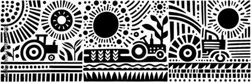 Monochrome Farm Life: Tractor and Sun in Graphic Design.