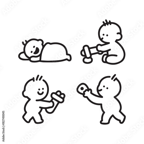 Cute Black and White Baby Character Icon Set Playing with Toys.