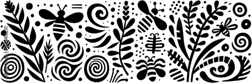 Whimsical Black and White Floral and Insect Pattern Design.