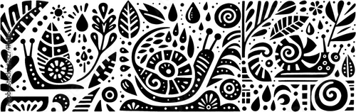 Whimsical Snail Garden: A Black and White Illustration of Natures Charm.