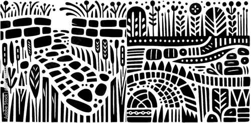 Abstract Black and White Landscape with Stone Path.