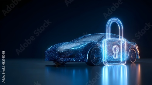 Futuristic Car Security System with Digital Padlock Overlay.