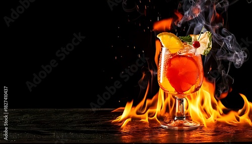 A vibrant, flaming cocktail with a slice of orange and garnish, set against a dark background, and smoke effect