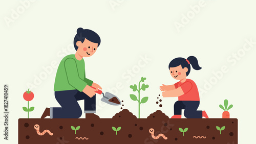 Child helping parent compost food scraps in a garden. Ideal for family sustainability visuals, eco education content, and zero waste gardening themes