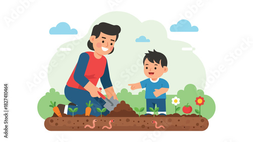 Child helping parent compost food scraps in a garden. Ideal for family sustainability visuals, eco education content, and zero waste gardening themes
