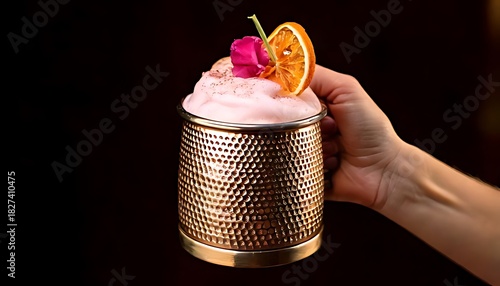 A vibrant, pink cocktail is presented in a copper mug. Garnished with flowers and dried citrus, held aloft against a dark backdrop