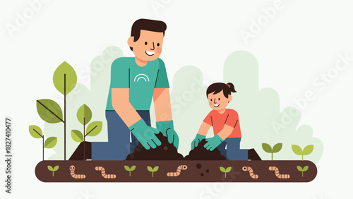 Child helping parent compost food scraps in a garden. Ideal for family sustainability visuals, eco education content, and zero waste gardening themes