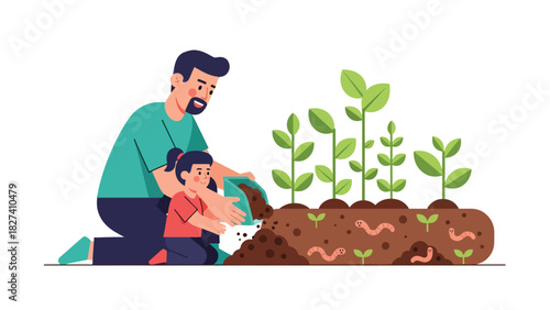 Child helping parent compost food scraps in a garden. Ideal for family sustainability visuals, eco education content, and zero waste gardening themes