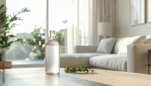 A clear glass bottle and small green sprigs rest on a light wood table in a bright, modern living room.