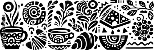 Whimsical Black and White Food and Drink Illustration.