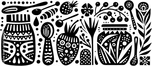 Whimsical Black and White Kitchenware and Plant Life Illustration.