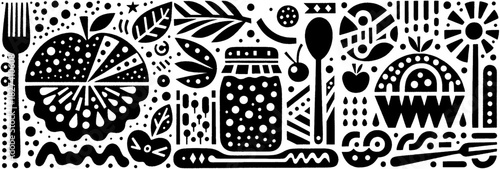 Whimsical Black and White Food Illustration with Folk Art Elements.