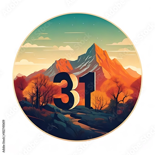 Circular landscape art featuring an imposing mountain range, autumn trees, and a pathway with the number 