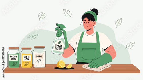 Woman cleaning using natural DIY supplies like vinegar spray and cloth towels. Ideal for eco cleaning tutorials, sustainable home content, and zero waste visuals