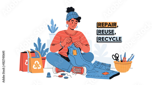 Person repairing clothes with needle and thread instead of discarding them. Ideal for zero waste fashion, textile sustainability, and mindful consumption themes
