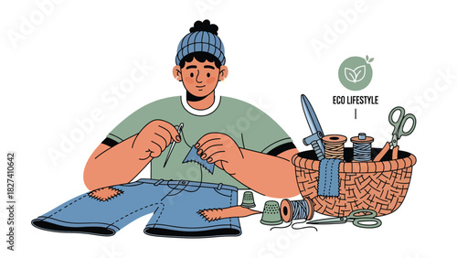 Person repairing clothes with needle and thread instead of discarding them. Ideal for zero waste fashion, textile sustainability, and mindful consumption themes