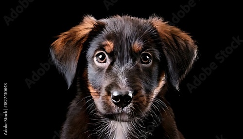 Close-up of a puppy with dark fur and brown accents, gazing directly at the viewer against a black backdrop, creating a compelling portrait