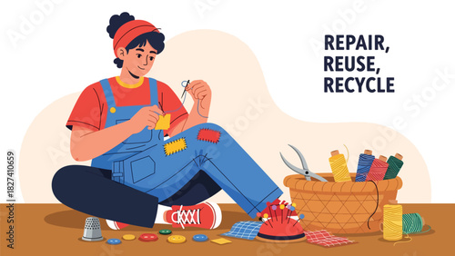 Person repairing clothes with needle and thread instead of discarding them. Ideal for zero waste fashion, textile sustainability, and mindful consumption themes