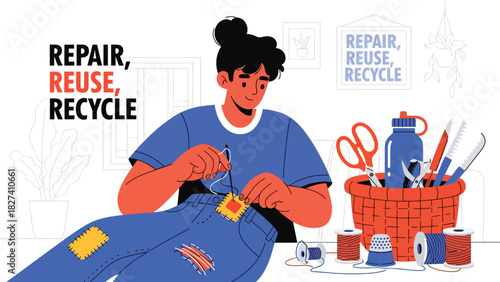 Person repairing clothes with needle and thread instead of discarding them. Ideal for zero waste fashion, textile sustainability, and mindful consumption themes