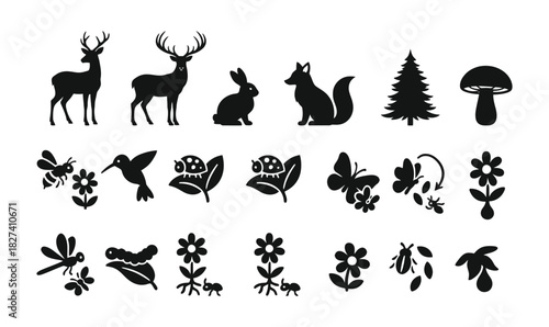 Collection of forest animal and plant silhouettes in black and white background, Vector