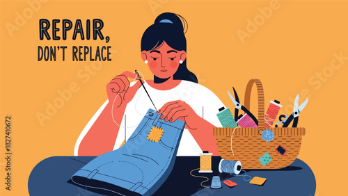 Person repairing clothes with needle and thread instead of discarding them. Ideal for zero waste fashion, textile sustainability, and mindful consumption themes