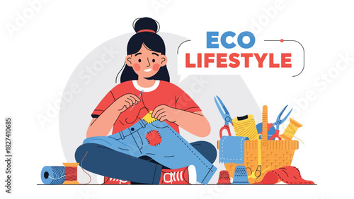 Person repairing clothes with needle and thread instead of discarding them. Ideal for zero waste fashion, textile sustainability, and mindful consumption themes