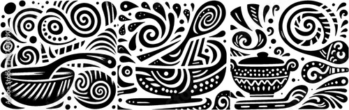 Whimsical Kitchen Utensils and Decorative Swirls in Black and White.