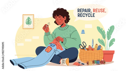 Person repairing clothes with needle and thread instead of discarding them. Ideal for zero waste fashion, textile sustainability, and mindful consumption themes