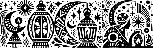 Elegant Ramadan Kareem Black and White Illustration with Lanterns and Crescent Moons.