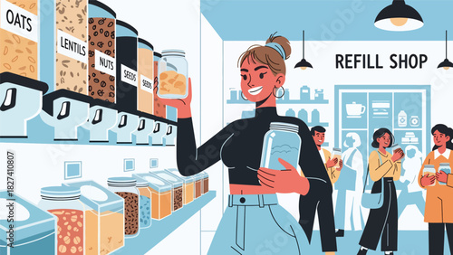 Woman shopping with reusable glass jars at a bulk food refill store. Perfect for plastic-free lifestyle design, youth sustainability campaigns, and eco education