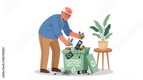 Senior responsibly recycling old electronics at a drop-off point. Suitable for technology waste education, eco-friendly disposal campaigns, and sustainability visuals